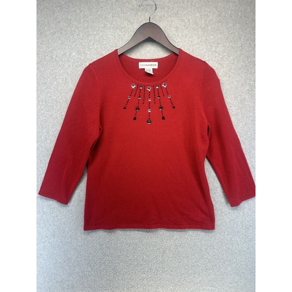 Sag Harbor Womens Sweater Top Red Jeweled With Beads Long Sleeve Size Small